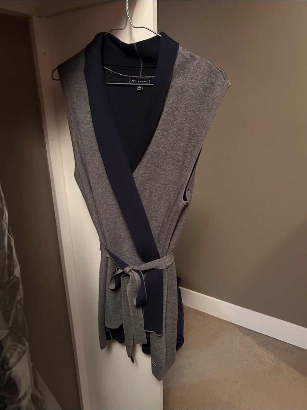Tommy Hilfiger Gray Wrap Dress with Navy Trim